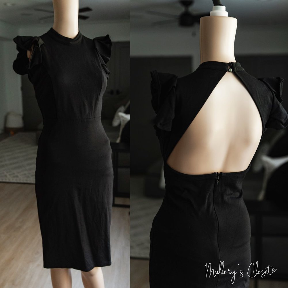 Black Backless Ruffle Bodycon Midi Dress